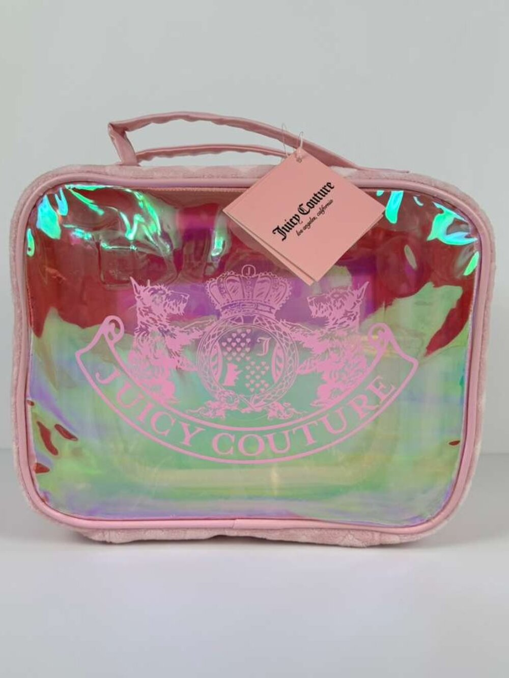 Juicy Couture YK2 Pink Iridescent Clear Cosmetic Case with Interior PV Pockets